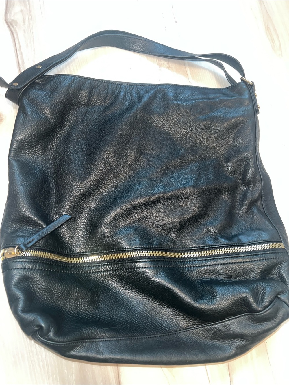 Classic Black Leather Shoulder Bag with Gold Zipper
